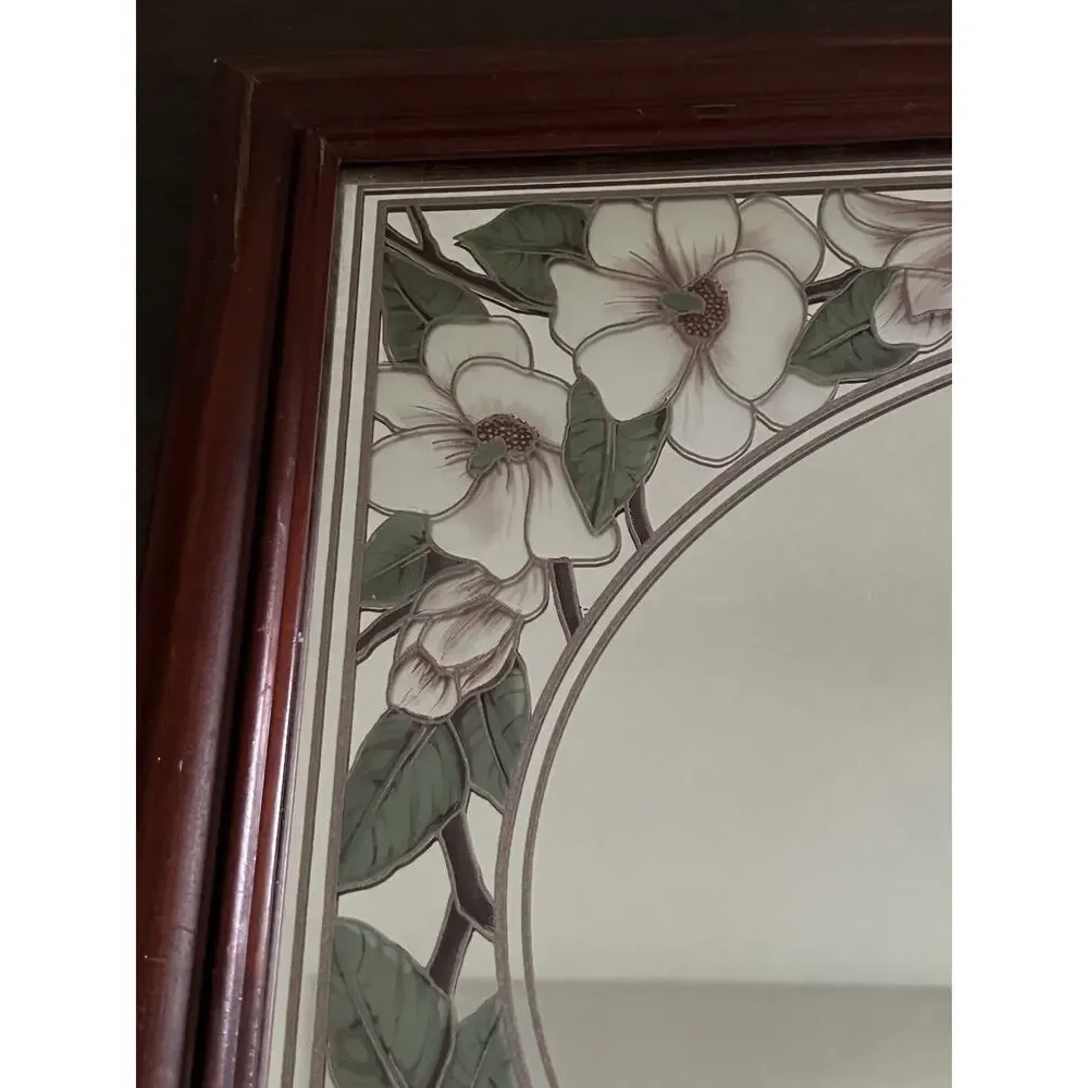 Vtg Romantic Etched Floral Flower Magnolia Oval Mirror Wood Frame Granny Retro